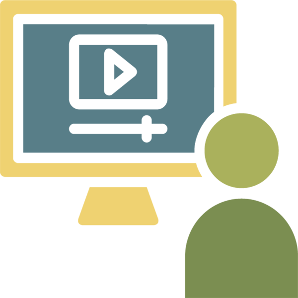 Custom icon shows illustrated person seated in front of a computer to watch online training.