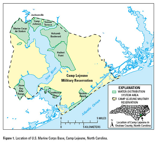 Map of U.S. Marine Corps Base, Camp Lejeune, North Carolina.