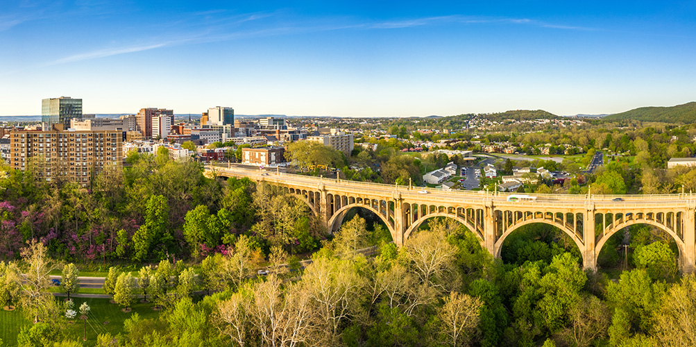 Aerial view of the Albertus L. Meyers Bridge and skyline of the city.