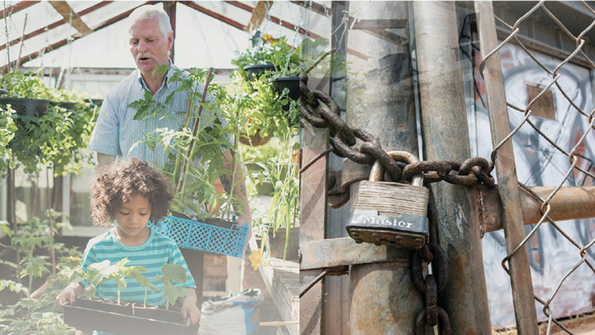 Grandpa and little girl taking care of greenhouse next to image of abandoned building.