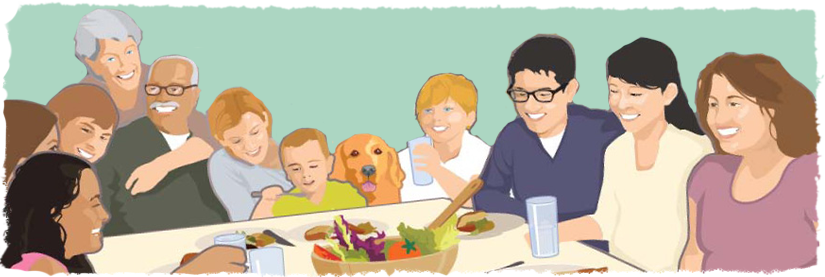 Drawing of family and dog around a table with a salad