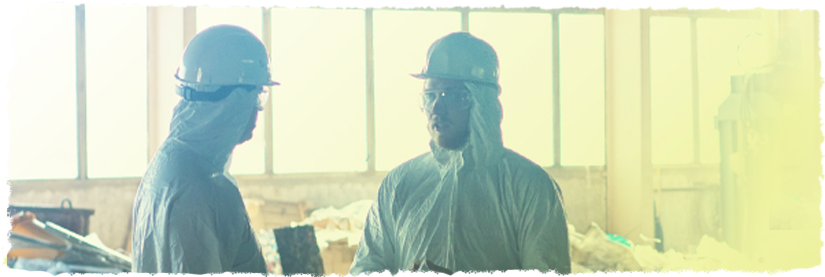 Two scientists in helmets talking to each other