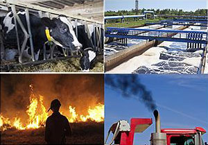 Collage of four images showing a cattle feed lot, a sewage treatment plant, a wildfire, and a tractor emitting exhaust.