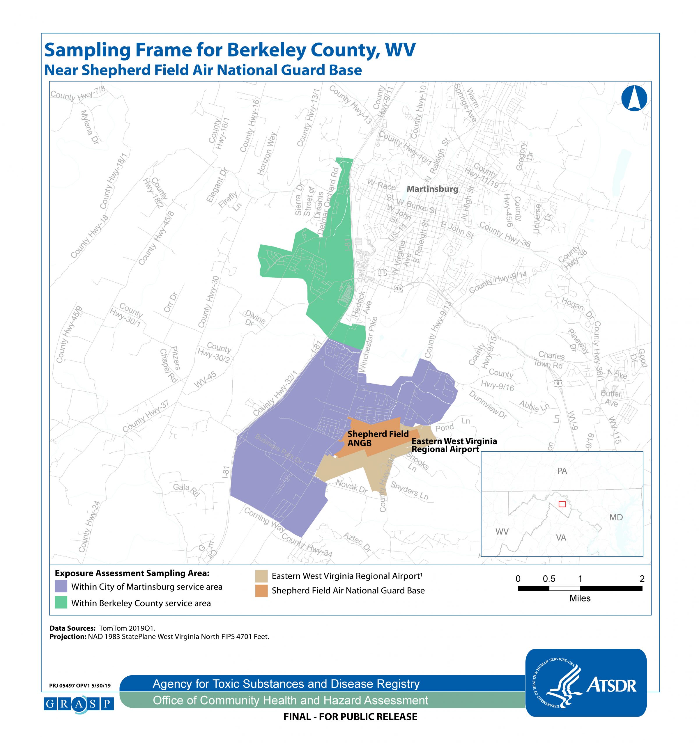 Sampling Frame for Berkeley County SiteMap of the sampling area in Berkeley County, West Virginia.