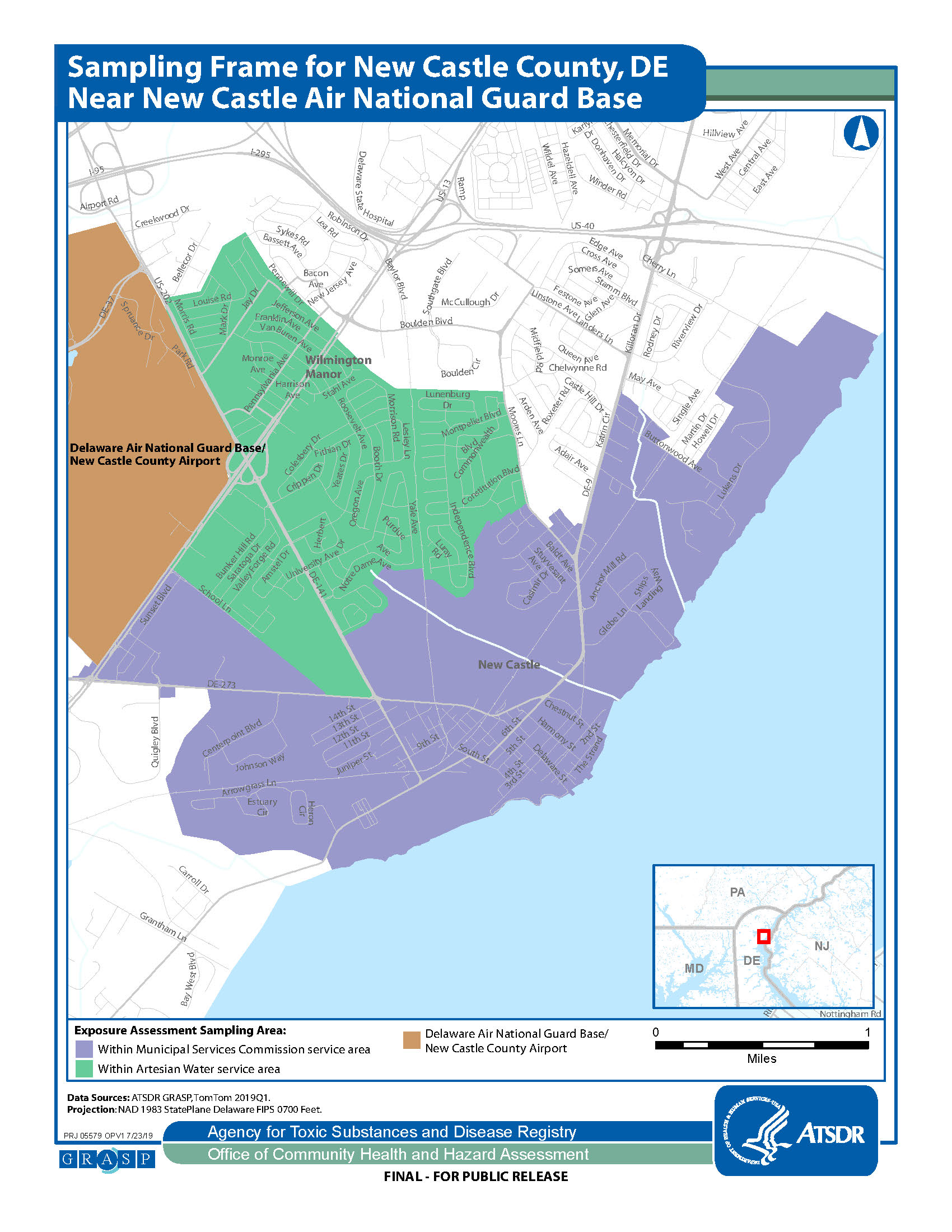 Sampling frame for New Castle CountyMap of the sampling area New Castle Air National Guard Base.