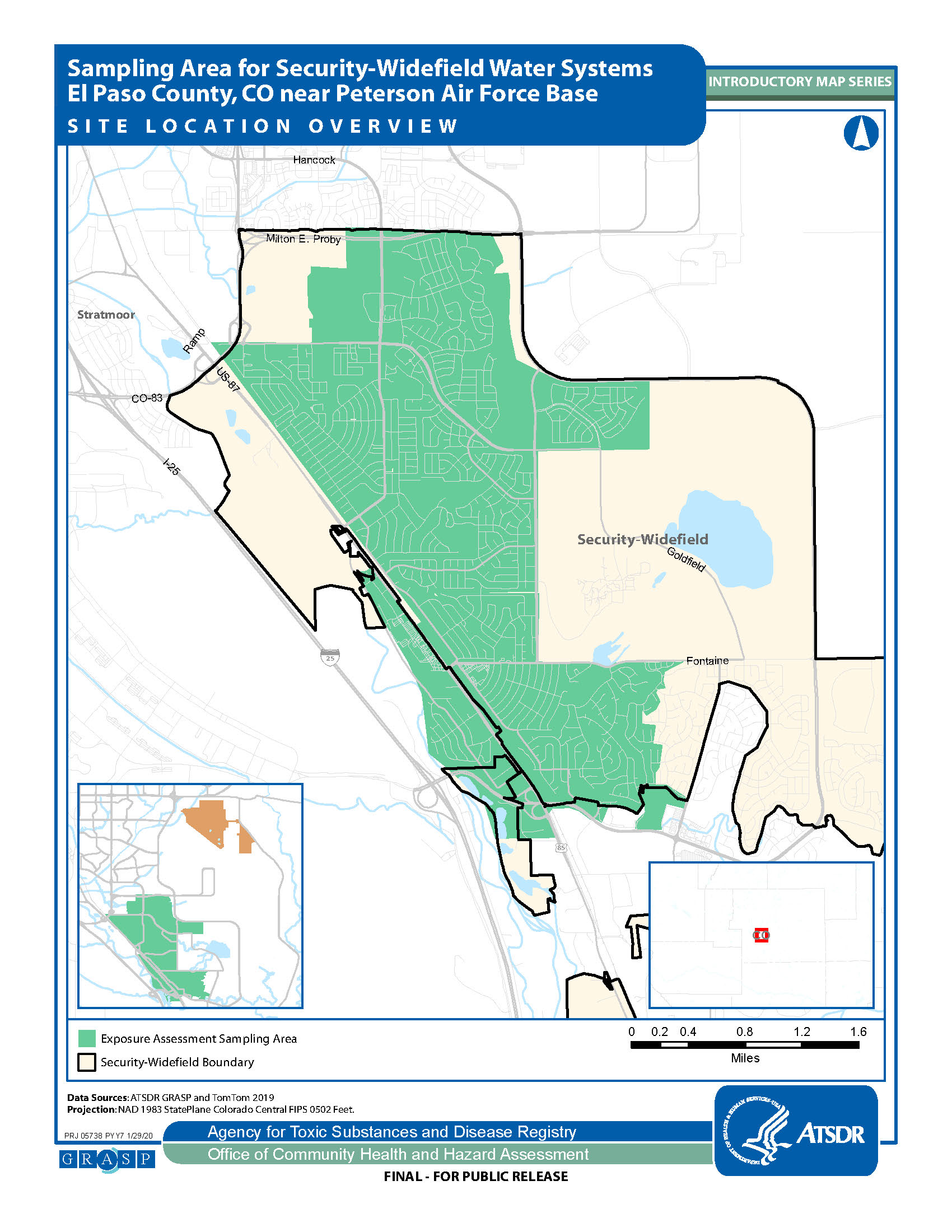 Map of sampling area of Security-Widefield, Colorado EA site in El Paso County (CO) near Peterson Air Force Base