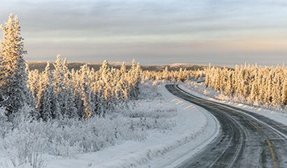 Snowy Winter Road Panorama in Fairbanks North Star Borough, Alaska.