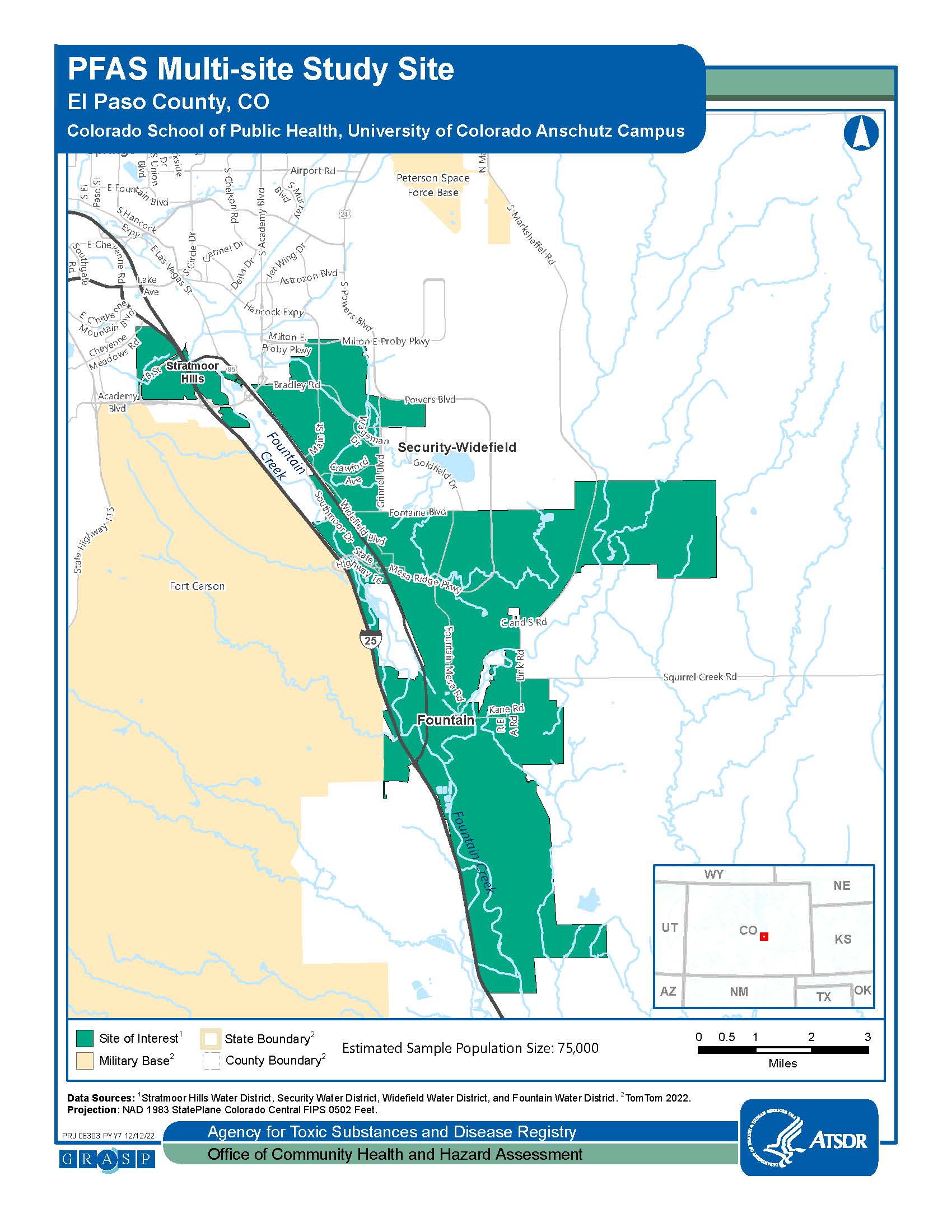 Image shows a map of El Paso County, CO. The map includes a key and the estimated sample population size is 75,000.