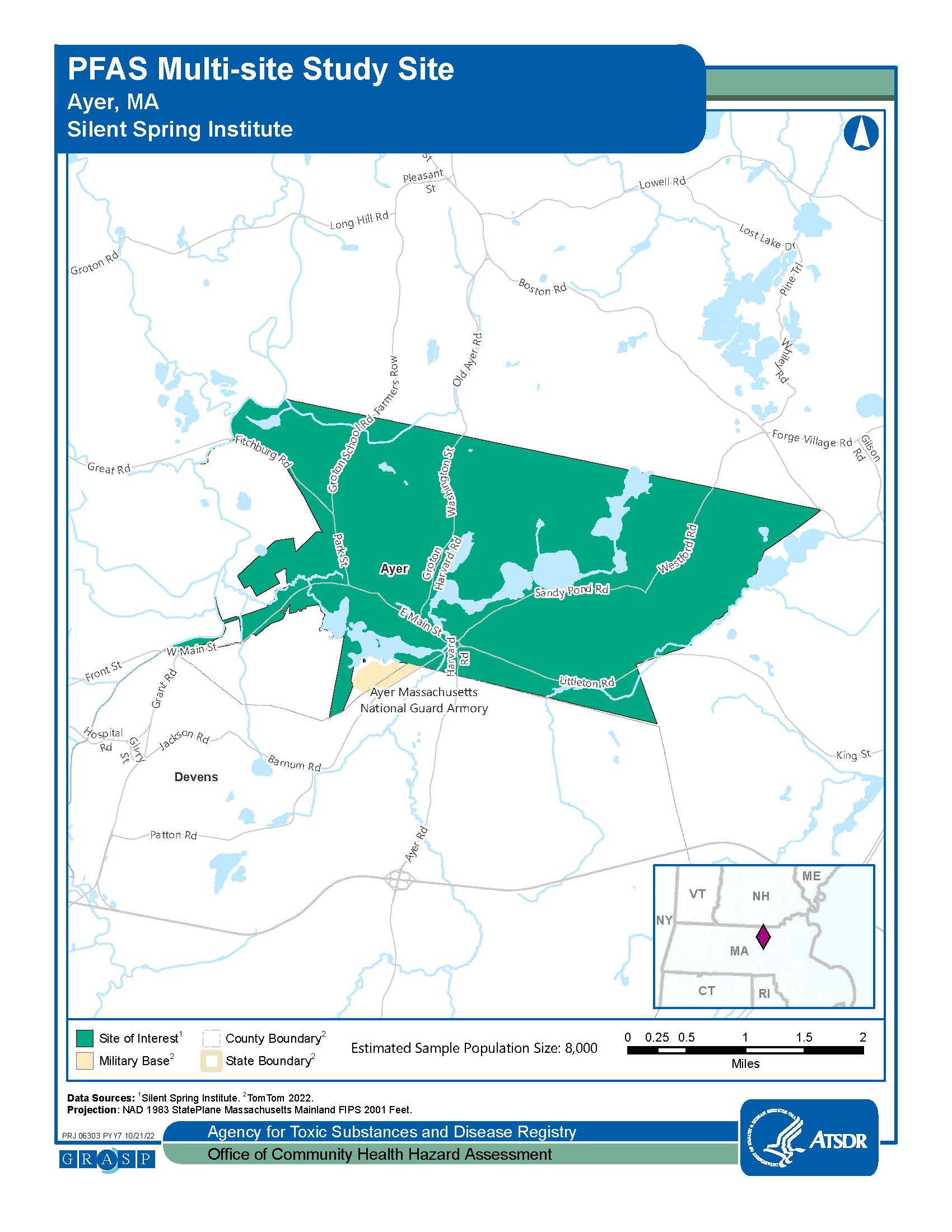 Image shows a map of Ayer, MA. The map includes a key and the Estimated Sample Population Size is 400.