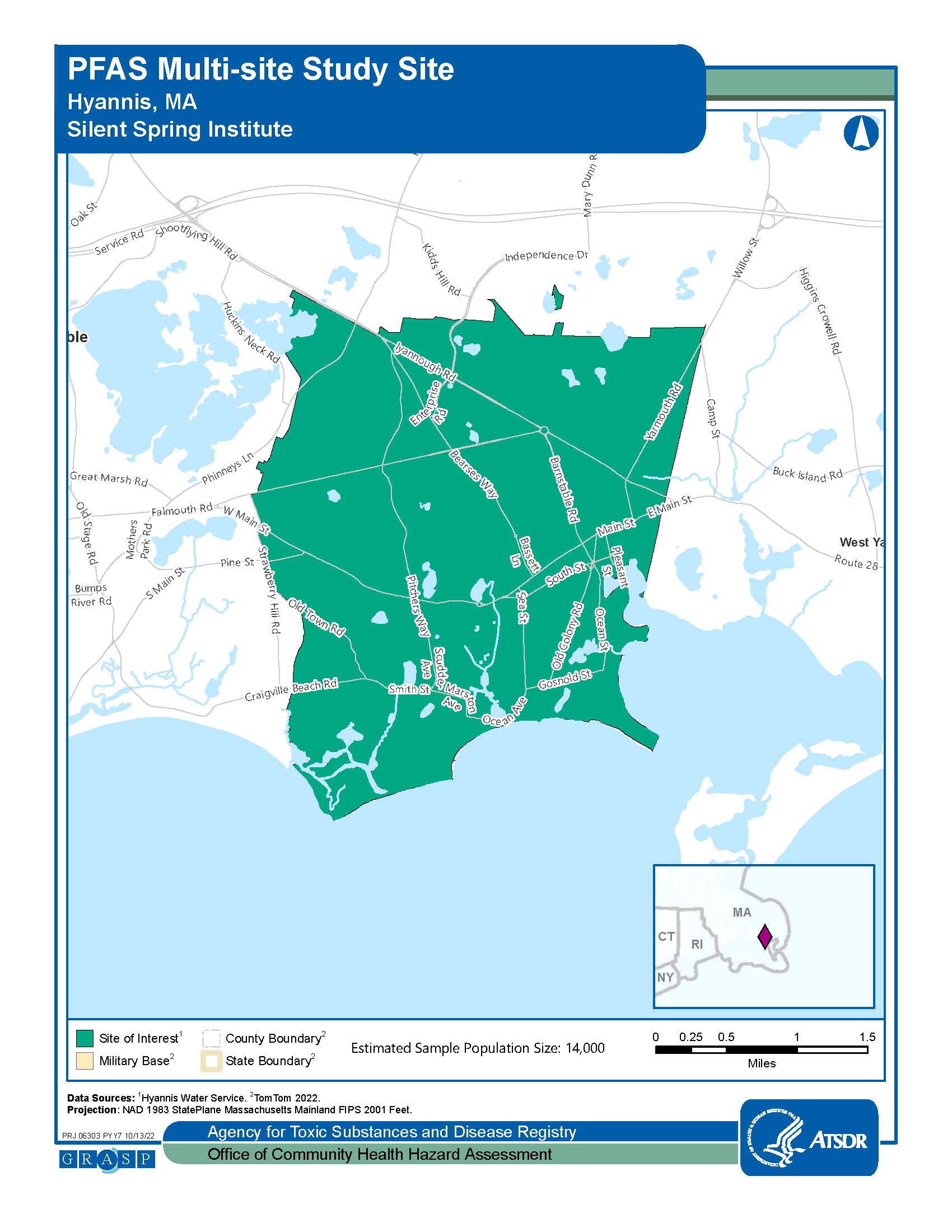 Image shows a map of Hyannis, MA. The map includes a key and the Estimated Sample Population Size is 900.