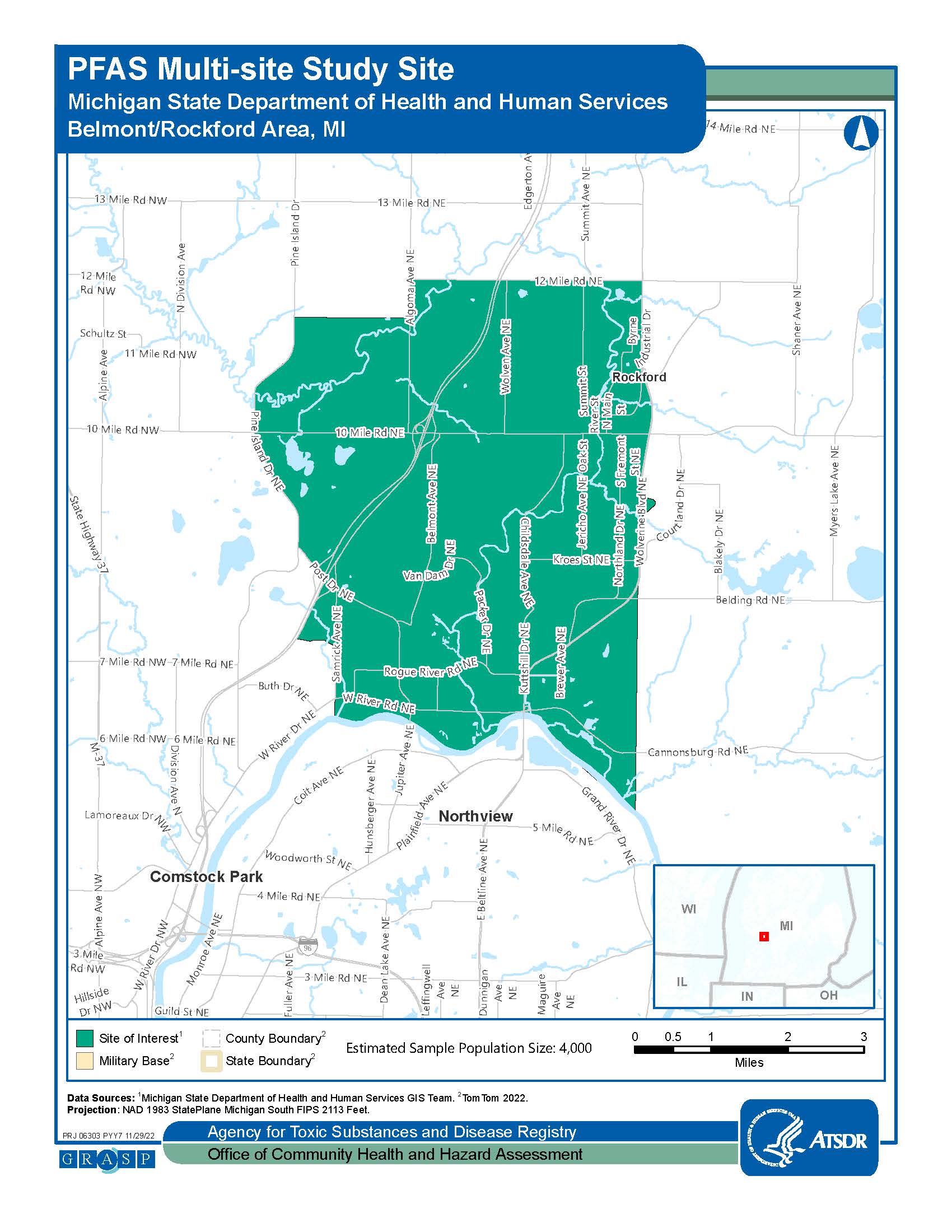 Image shows a map of Belmont/Rockford Area, MI. The map includes a key and the Estimated Sample Population Size is 4,000.