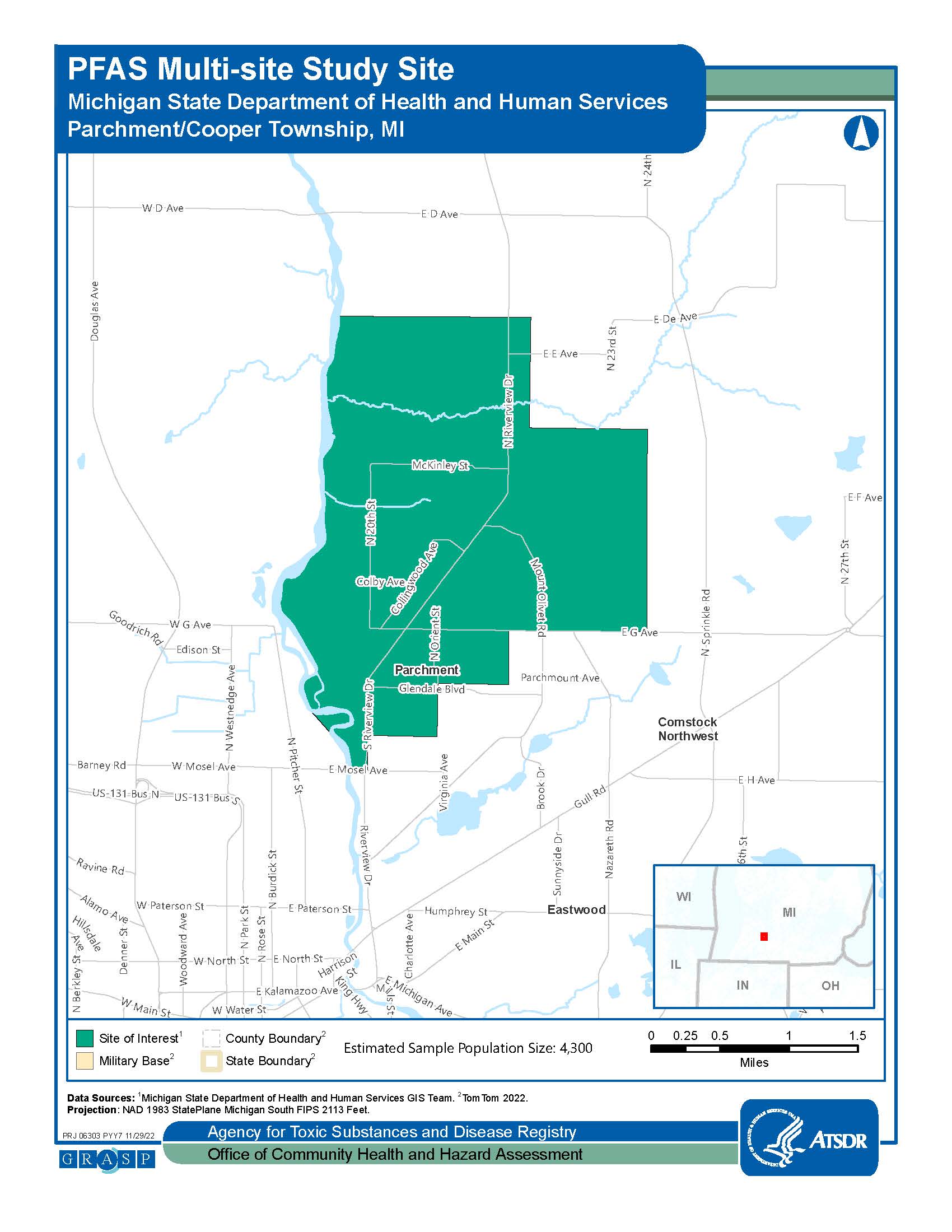 Image shows a map of Parchment/Cooper Township, MI. The map includes a key and the Estimated Sample Population Size is 4,300.