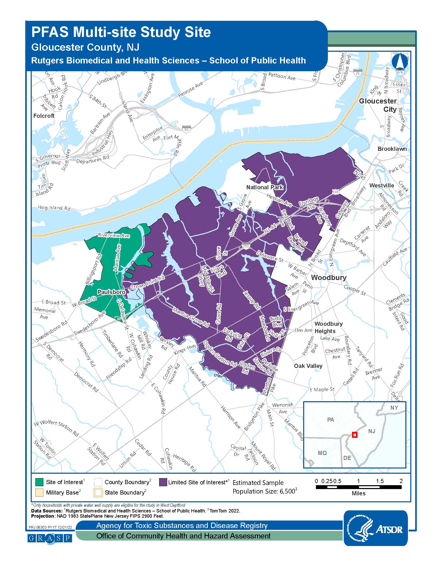 Image shows a map of Gloucester County, NJ. The map includes a key and the Estimated Sample Population Size is 6,500.