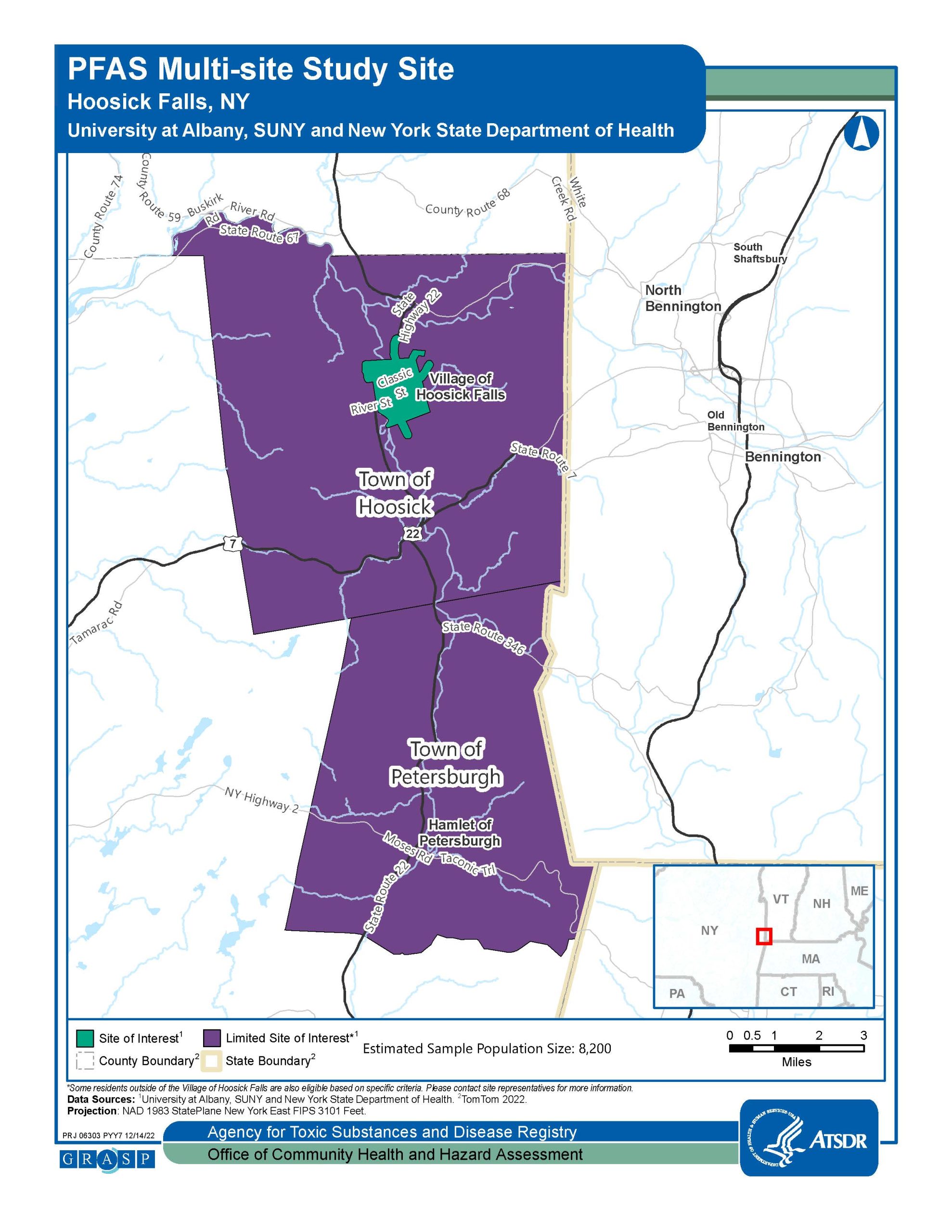 Image shows a map of Hoosick Falls, NY. The map includes a key and the Estimated Sample Population Size is 8,200.