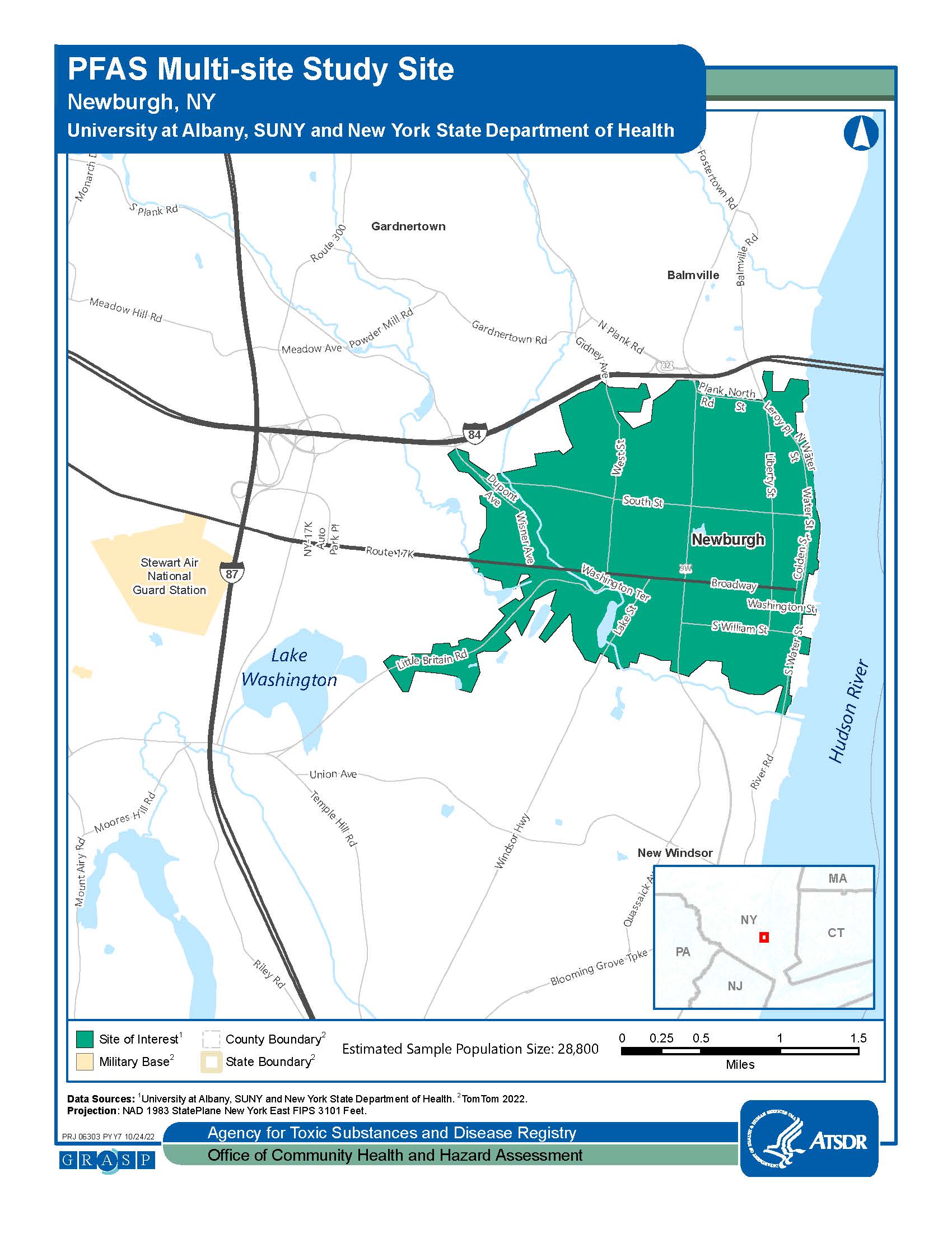 Image shows a map of Newburgh, NY. The map includes a key and the Estimated Sample Population Size is 28,800.