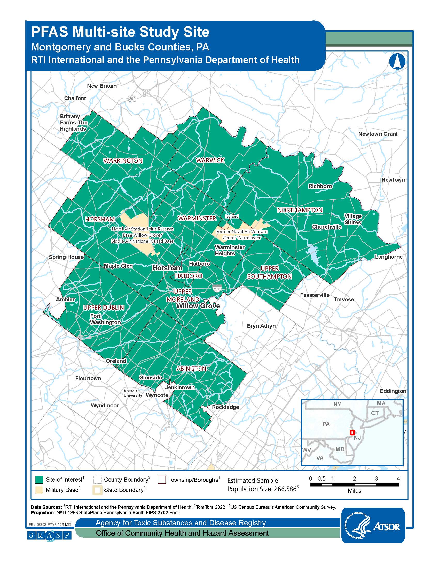 Image shows a map of Montgomery & Bucks Counties, PA. The map includes a key and the Estimated Sample Population Size is 266,586.