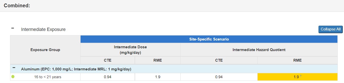 This shows how the results in the previous table would look in PHAST for this Surface Water and Dermal Exposure Dose example