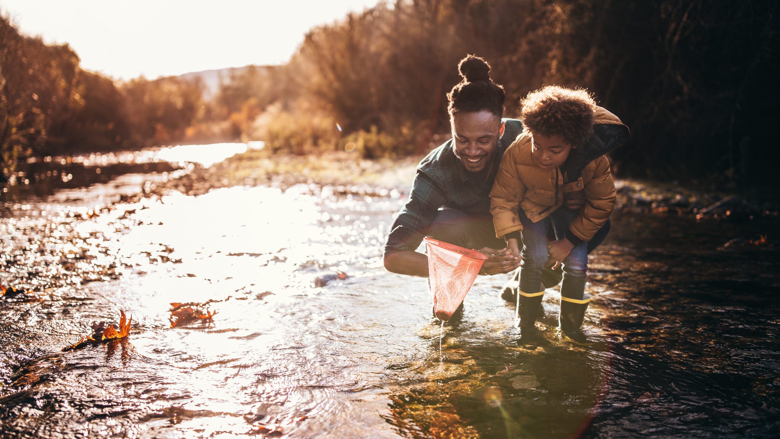 Father and son catching fish with fishing net in river