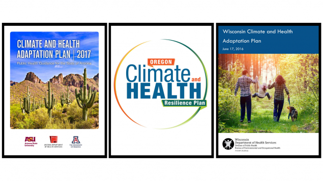 Decorative image that displays Climate and Health Adaptation Plans for Arizona, Oregon, and Wisconsin