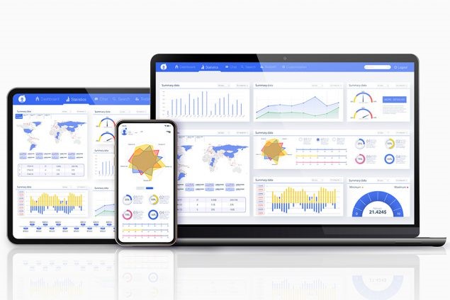 A computer and mobile device displaying different data graphs.