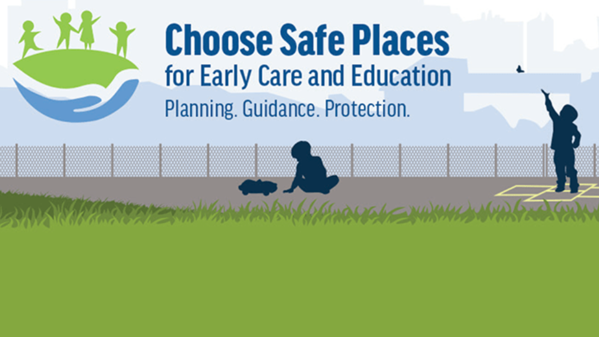 CSPECE: Planning. Guidance. Protection. Children playing on city playground.